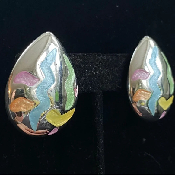 80s Tear drop Silver Tone Fun Pastel Geometric Shape Earrings - Picture 4 of 6